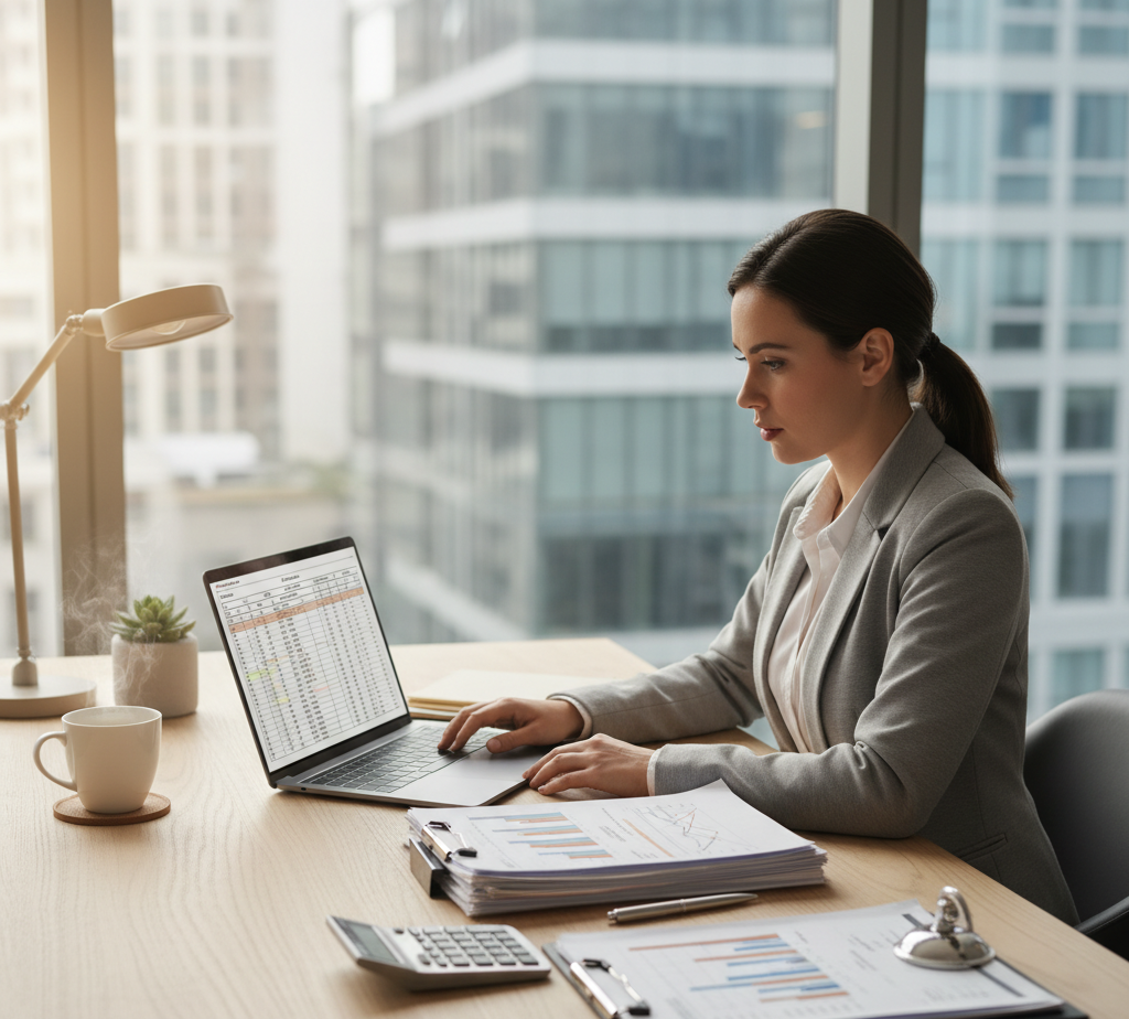 Professional accountant providing client bookkeeping solutions at a modern office desk with laptop, financial documents, and calculator in Buffalo, NY