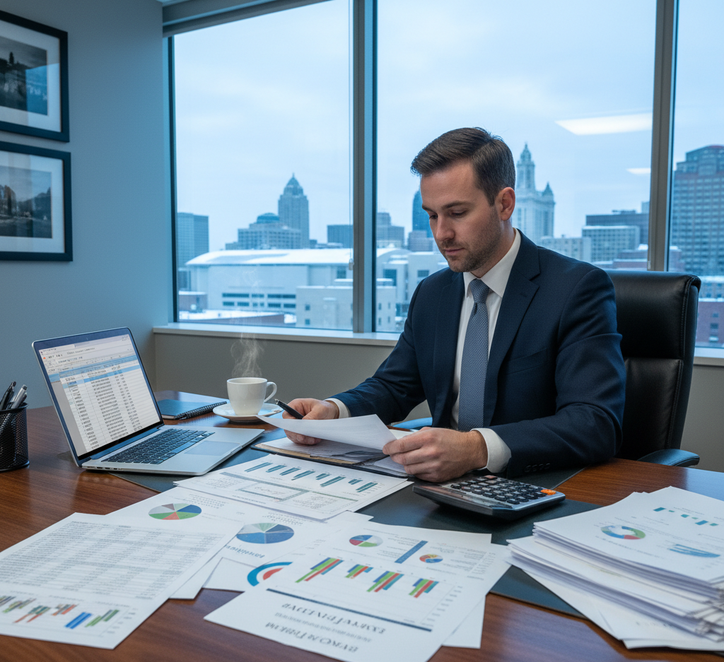 Tax planning strategies Buffalo NY – accountant reviewing financial documents and charts for year-end tax planning for Buffalo businesses.