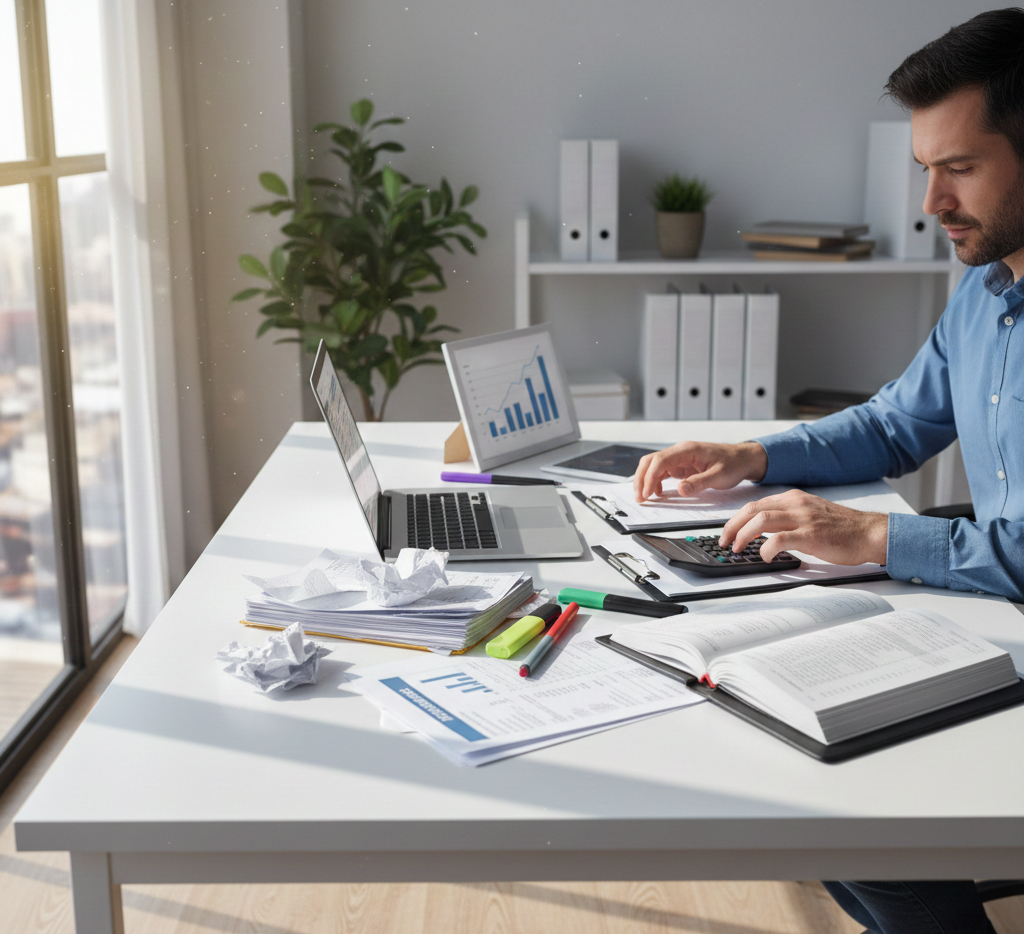 Small business owner recording transactions using a laptop, financial documents, and calculator in an organized workspace.
