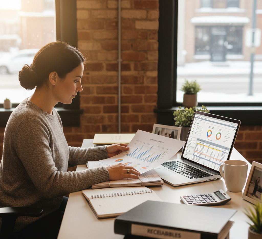 QuickBooks Certified Bookkeeper organizing financial documents for a small business.