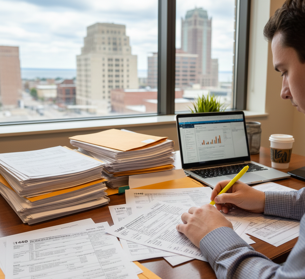 Accountant workspace with documents and calculator for Tax Annual Report