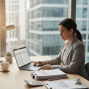 Professional accountant providing client bookkeeping solutions at a modern office desk with laptop, financial documents, and calculator in Buffalo, NY