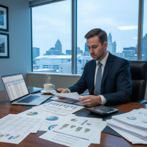 Tax planning strategies Buffalo NY – accountant reviewing financial documents and charts for year-end tax planning for Buffalo businesses.