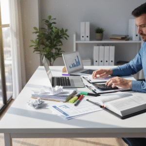 Small business owner recording transactions using a laptop, financial documents, and calculator in an organized workspace.