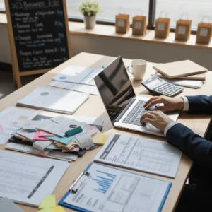 Bookkeeping Solutions Buffalo NY with laptop, financial documents, and calculator