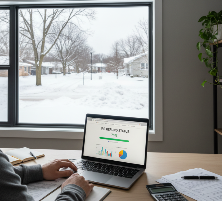 IRS refund check on a laptop with Buffalo, NY background