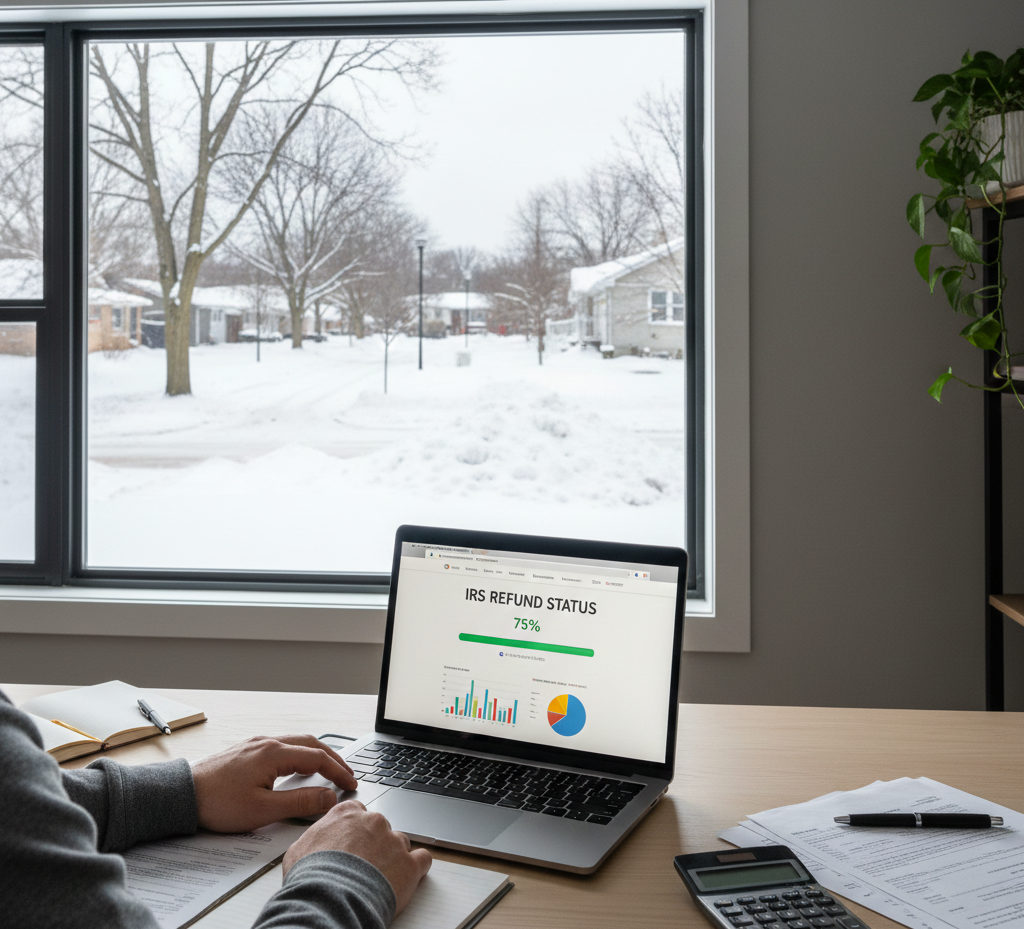 IRS refund check on a laptop with Buffalo, NY background