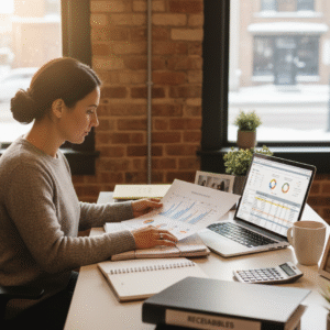 QuickBooks Certified Bookkeeper organizing financial documents for a small business.