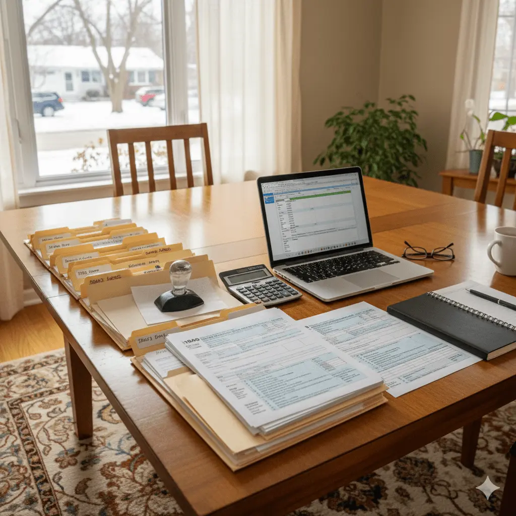 Senior tax preparation near Buffalo NY with organized documents and workspace