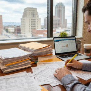 Accountant workspace with documents and calculator for Tax Annual Report